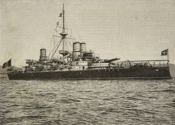 Cuirassé Sardegna en train de naviguer, Italie, gravure d