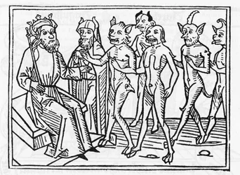 Le procès de Belial : « Le démon Belial, accompagné de quatre autres démons, se présente devant le juge Salomon. » « Gravure tirée du “Procès de Belial” de Jacobus de Teramo (ou Palladino), Augsbourg »