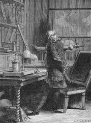 Benjamin Franklin dans son laboratoire de physique à Philadelphie. Dans « Album de la Science », Éditions Jouvet
