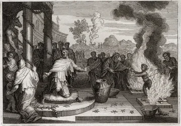 Bible de Royaumont, Ancien Testament : Achaz roi impie. Le méchant Achaz, roi de Juda, irrite Dieu, et est livré aux ennemis. Illustration de 1811.