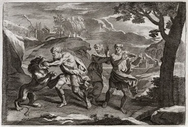 Bible de Royaumont, Ancien Testament : Naissance de Samson. Samson déchire un lion en morceaux. Illustration de 1811