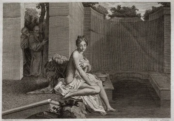 Bible de Royaumont, Ancien Testament : Chasteté de Suzanne. Deux anciens, juges du peuple, tentent de corrompre la chasteté de Suzanne, alors qu