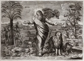 Bible de Royaumont, Ancien Testament : Création du Monde. Dieu tire le Ciel et la Terre du néant, et en six jours les orne et les peuple de Créatures de toutes sortes. Illustration de 1811.