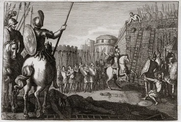 Bible de Royaumont, Ancien Testament : Mort de Séba. Et Séba (Sheba) se leva contre David, et emmena les dix tribus après lui, et Joab le poursuivit à Abela, où sa tête fut coupée sur le conseil d