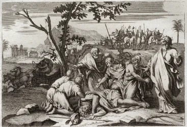Bible de Royaumont, Ancien Testament : Mort du méchant Antiochus. La mort effroyable du roi Antiochus IV Épiphane (175-164 av. J.-C.) après une chute de cheval. Illustration de 1811.