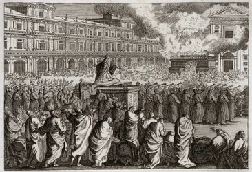 Bible de Royaumont, Ancien Testament : Dédicace du Temple. Salomon rassemble tout son peuple pour célébrer avec plus de solennité la dédicace de son Temple. Illustration de 1811.