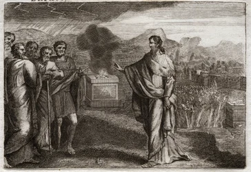Bible de Royaumont, Ancien Testament : Défaite des Philistins. Samuel offre un holocauste à Dieu. Ensuite, les Juifs repoussent les Philistins. Illustration de 1811.