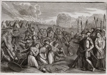 Bible de Royaumont, Ancien Testament : Destruction de Haï. Josué, après la ruine de Jéricho, attaque la ville de Haï, où il est d