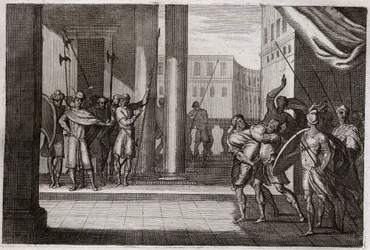 Bible de Royaumont, Ancien Testament : Dina sortit par curiosité pour voir les femmes de Sichem, et le roi de cette ville lui fit violence, ses frères se vengèrent et tuèrent tout le peuple de Sichem avec le roi. Illustration de 1811.