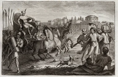Bible de Royaumont, Ancien Testament : Élévation de Joseph. Joseph est élevé en gloire. Illustration de 1811.