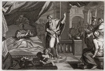 Bible de Royaumont, Ancien Testament : Ézéchias recouvre la santé. Le roi Ézéchias était malade à mourir, recouvra la santé et quinze années de vie supplémentaires. Le prophète Isaïe (Isaiah) annonce sa parole : le signe sera de faire reculer de dix