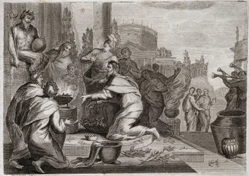 Bible de Royaumont, Ancien Testament : Chute de Salomon. Salomon est corrompu par les femmes et offre de l