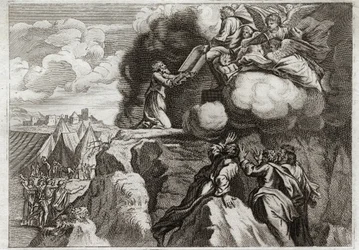 Bible de Royaumont, Ancien Testament : Premières Tables de la Loi. Dieu donne la Loi à son peuple sur le mont Sinaï. Moïse reçoit les 10 Commandements des mains de Dieu. Illustration de 1811.