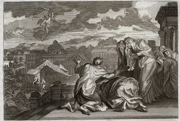 Bible de Royaumont, Ancien Testament : Fléau de la Peste. Et David ayant fait le dénombrement de tout son peuple par un mouvement de vanité, Dieu afflige son royaume d