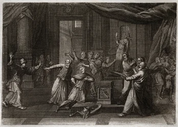 Bible de Royaumont, Ancien Testament : Générosité de Matathias. Matathias, père des Maccabées, tue un Juif qui sacrifiait aux idoles par un saint zèle de la loi de Dieu. Illustration de 1811.