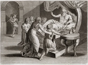 Bible de Royaumont, Ancien Testament : Isaac bénit Jacob. Isaac, désirant bénir Ésaü, donne sa bénédiction à Jacob grâce à la sagesse de Rébecca, selon le plan de Dieu. Illustration de 1811.