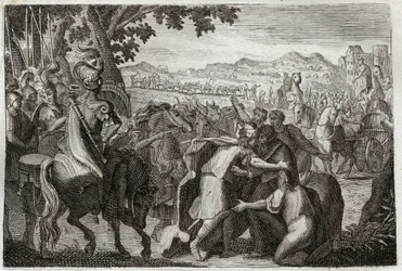 Bible de Royaumont, Ancien Testament : Jacob va en Égypte. Jacob va retrouver Joseph avec toute sa famille. Illustration de 1811.
