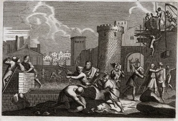 Bible de Royaumont, Ancien Testament : Jérusalem rebâtie. Le roi Artaxerxès Ier envoie Néhémie à Jérusalem avec la permission de rebâtir tous ses murs. Illustration de 1811.