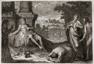 Bible de Royaumont, Ancien Testament : Job sur le fumier. Le saint homme Job est tenté par le démon qui lui enlève tous ses biens et tous ses enfants, le frappe d