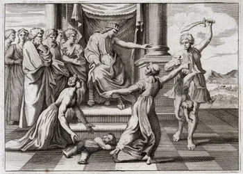 Bible de Royaumont, Ancien Testament : Jugement de Salomon. Le célèbre jugement de Salomon entre deux femmes pour reconnaître laquelle des deux était la mère d