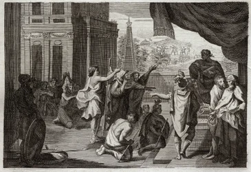 Bible de Royaumont, Ancien Testament : Moïse devant Pharaon. Moïse demande à Pharaon de laisser les Hébreux aller dans le désert pour sacrifier au Seigneur. Illustration de 1811.