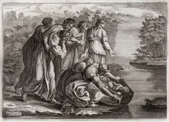 Bible de Royaumont, Ancien Testament : Moïse sauvé des eaux. La fille de Pharaon retire Moïse des eaux du Nil et l
