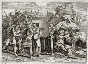 Bible de Royaumont, Ancien Testament : Passage du Jourdain. Josué fait traverser le Jourdain à tout le peuple. Ce fleuve se dessèche, et les prêtres qui portaient l