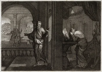 Bible de Royaumont, Ancien Testament : Pénitence de David. Dieu envoie son prophète Nathan à David pour représenter sa faute. Le regret de ce saint roi le fait accepter tous les maux que le prophète lui a prédits. Illustration de 1811.