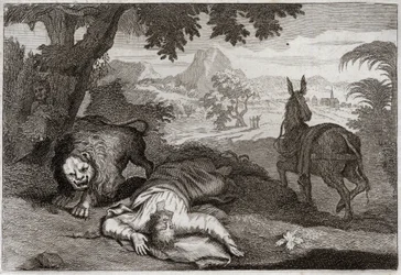 Bible de Royaumont, Ancien Testament : Prophète désobéissant. Un prophète, ayant détourné Jéroboam de son impiété, est tué par un lion, car il n