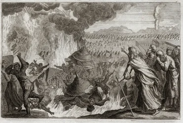 Bible de Royaumont, Ancien Testament : Châtiment du Feu Céleste. Coré (Kore), Dathan (Datan, Nathan) et Abiron (Abiram) murmurant contre Moïse, et affectant la prêtrise, sont tous détruits vivants, et la terre s