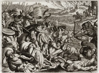 Bible de Royaumont, Ancien Testament : Châtiment des Benjamites. La tribu de Benjamin est exterminée. Illustration de 1811.