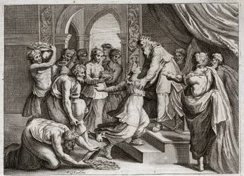 Bible de Royaumont, Ancien Testament : Reine de Saba. La Reine de Saba vient voir Salomon pour écouter sa sagesse et lui offrir des présents. Illustration de 1811.