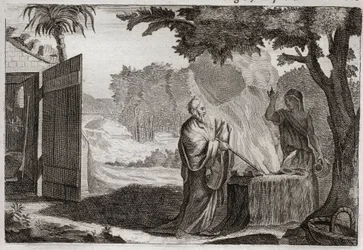 Bible de Royaumont, Ancien Testament : Sacrifice de Gédéon. Gédéon (Gideon) est appelé par Dieu à délivrer les Juifs de leurs ennemis. Il offre un sacrifice sur une pierre, d