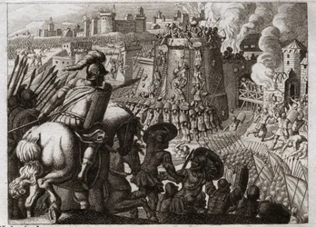 Bible de Royaumont, Ancien Testament : Siège de Jérusalem. Nabuchodonosor II assiège Jérusalem, la prend et emmène toutes les richesses et tous les habitants de cette ville à Babylone. Illustration de 1811