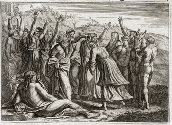 Bible de Royaumont, Ancien Testament : Salomon roi. David établit Salomon roi à la prière de Bethsabée et du prophète Nathan. Illustration de 1811.