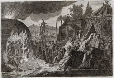 Bible de Royaumont, Ancien Testament : Les trois enfants de Babylone dans la fournaise. Le roi Nabuchodonosor II jette trois jeunes Hébreux dans une fournaise ardente, d