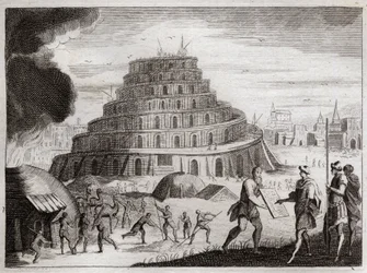 Bible de Royaumont, Ancien Testament : Tour de Babel. Les hommes veulent par vanité élever une tour jusqu