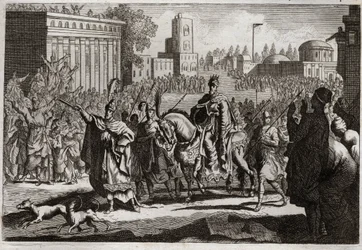 Bible de Royaumont, Ancien Testament : Triomphe de Mardochée. Aman (Haman) est contraint par le roi de proclamer le triomphe de Mardochée (ou Mordekhai ou Mordecai) son ennemi dans toute la ville de Suse. Illustration de 1811.
