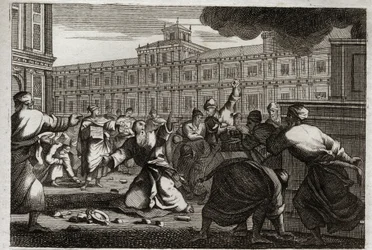 Bible de Royaumont, Ancien Testament : Zacharie lapidé. Zacharie, le grand prêtre, est lapidé sur l