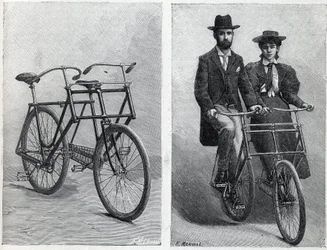 Bicyclette à deux sièges de la manufacture « Punnett Cycle » sans et avec cyclistes. Gravure dans « La Nature »