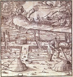 Récupération de bitume. Georg Bauer "Agricola De Re metallica" livre du XVe siècle. Bibl. du Musée des Sciences, Milan