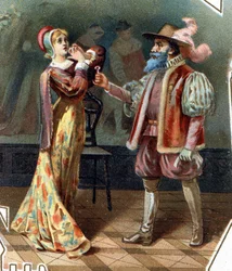 Barbe-Bleue. Conte de Charles Perrault. 1697. Chromolithographie de la fin du XIXe siècle. Étiquette « À bon marché ». « Barbe-Bleue interroge sa femme, qui a tenté d