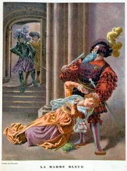 Barbe bleue (surpris prenant une femme par les cheveux). Illustration du 19e siècle.