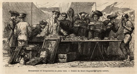 Bouquinistes et brocanteurs au vent, près de la place Montanara, sous une tente installée, amateurs et clercs se disputent un bric-à-brac d