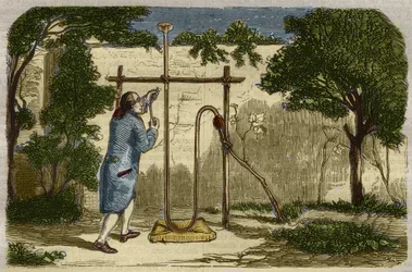 Botanique : expérience de Stephen Hales (1677-1761) sur la force ascendante de la sève en 1727. Gravure de 1859 dans "Le Musée des Sciences"
