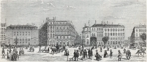 Boulevard des Italiens avec le café de Paris, la rue Taitbout, la maison dorée, la rue Lafitte, le café Riche et la rue Lepelletier - Gravure dans « Tableau-de-Paris » par Edmond Texier 1852