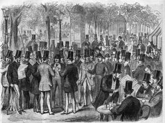 Courtiers près de la petite Bourse du boulevard des Italiens à Paris, France. Gravure dans "L