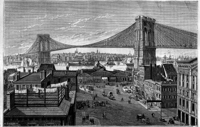 Pont de Brooklyn. Commencé en 1869, en construction au moment de la gravure, il sera achevé en 1883. New York (États-Unis).