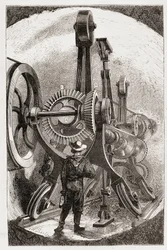Machine Brunton pour creuser des tunnels dans les roches tendres - dans « Les nouvelles conquêtes de la science : électricité » par Louis Figuier, sd