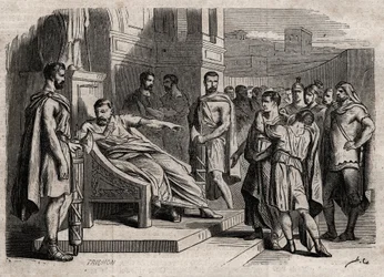 Brutus condamnant son fils à mort - Brutus (Marcus Junius Brutus, 85-42 av. J.-C.) condamnant ses fils à mort - gravure dans « Dictionnaire populaire illustré » - 1864 - par Joseph Decembre et Edmond Allonier